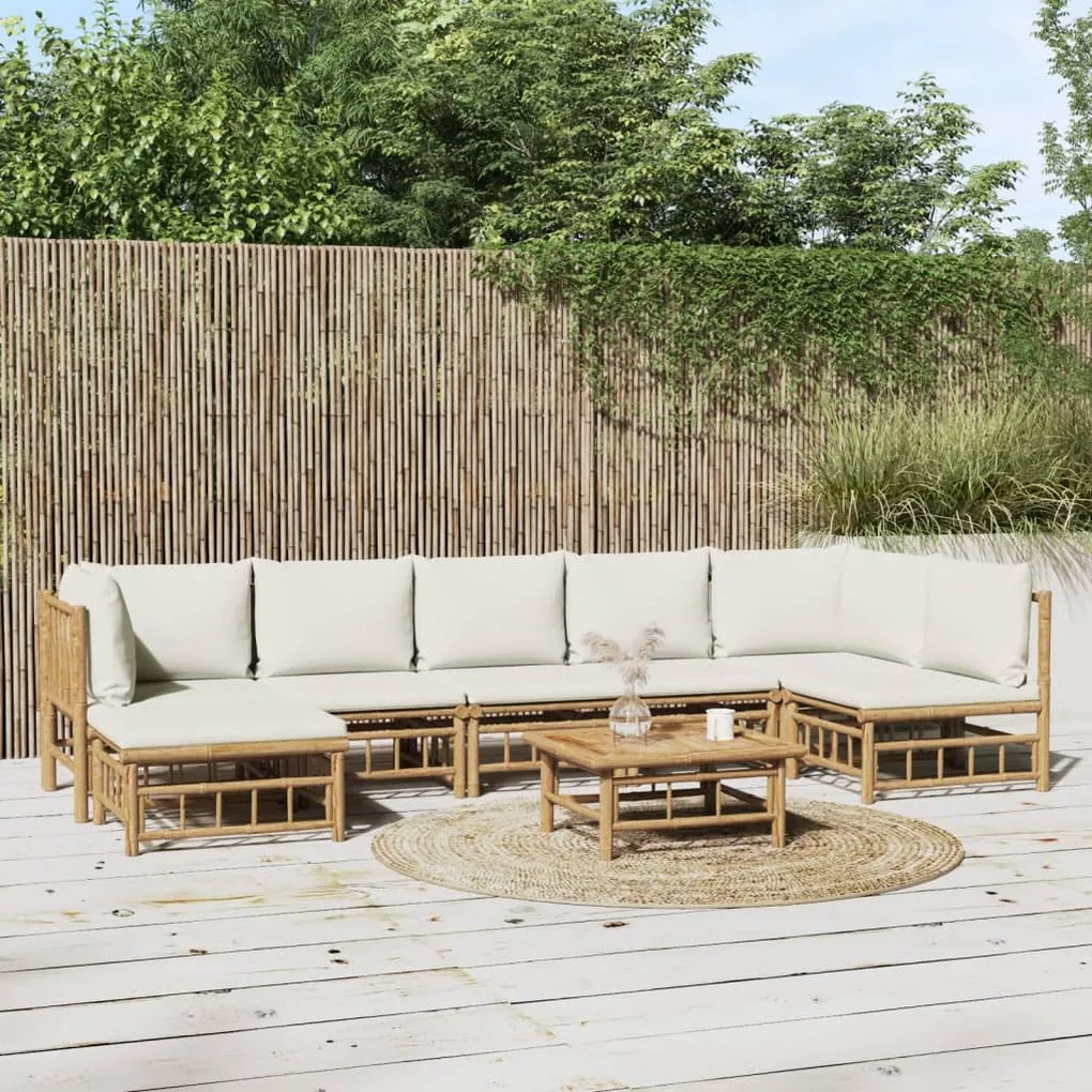 vidaXL 8 pcs conjunto lounge de jardim bambu c/ almofadões branco nata