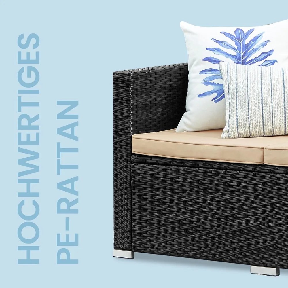 Conjunto de jardim, mobiliário de pátio em Polyrattan, mobiliário de varanda com almofadas e mesa de vidro Preto-Taupe