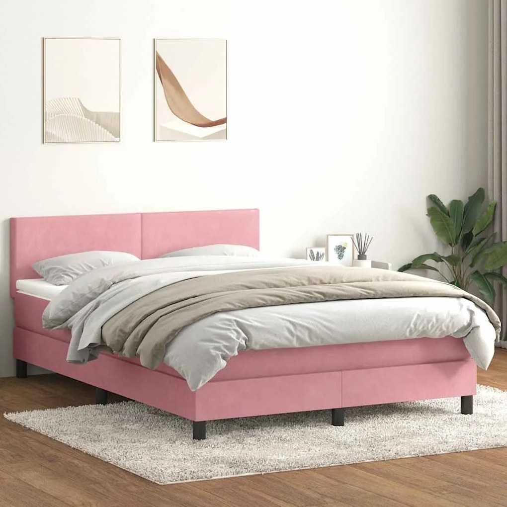vidaXL Cama box spring c/ colchão e LED 160x210 cm veludo rosa