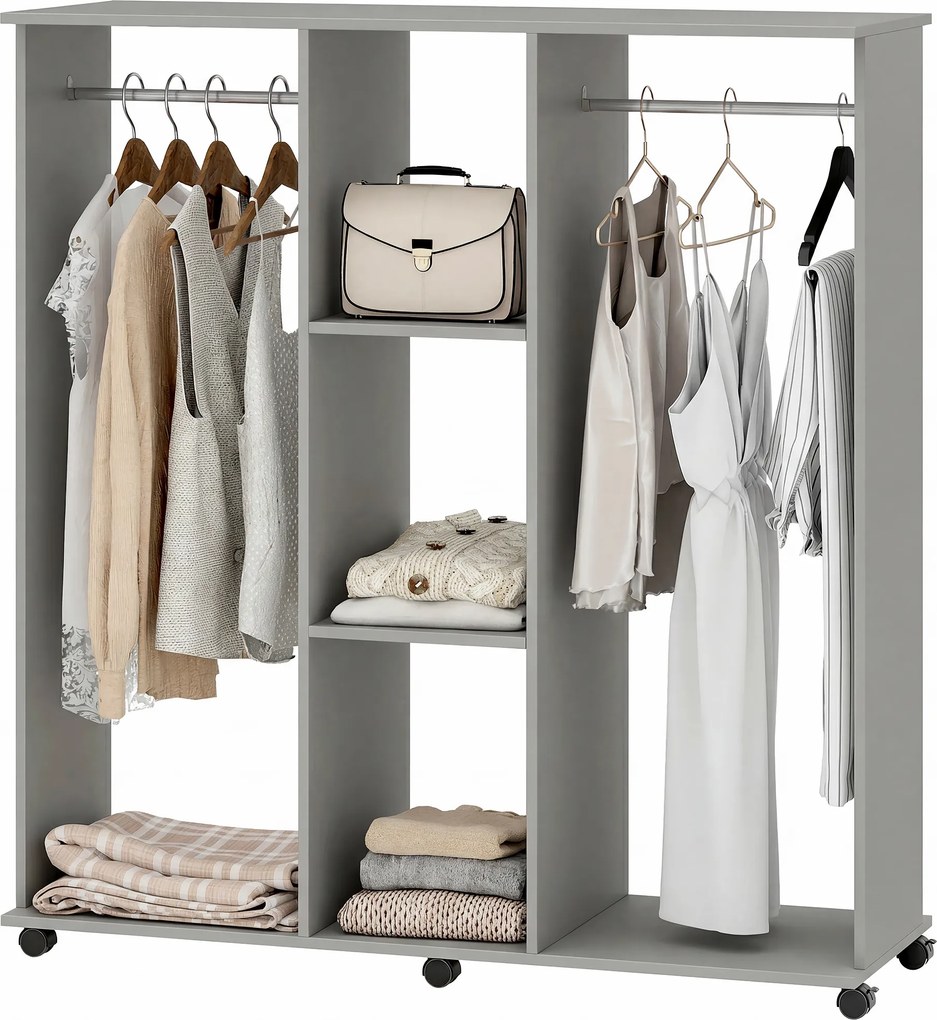 Guarda roupa aberto, móvel de arrumação com rodas, 6 rodas, 120 x 40 x 128 cm, em madeira cinzento