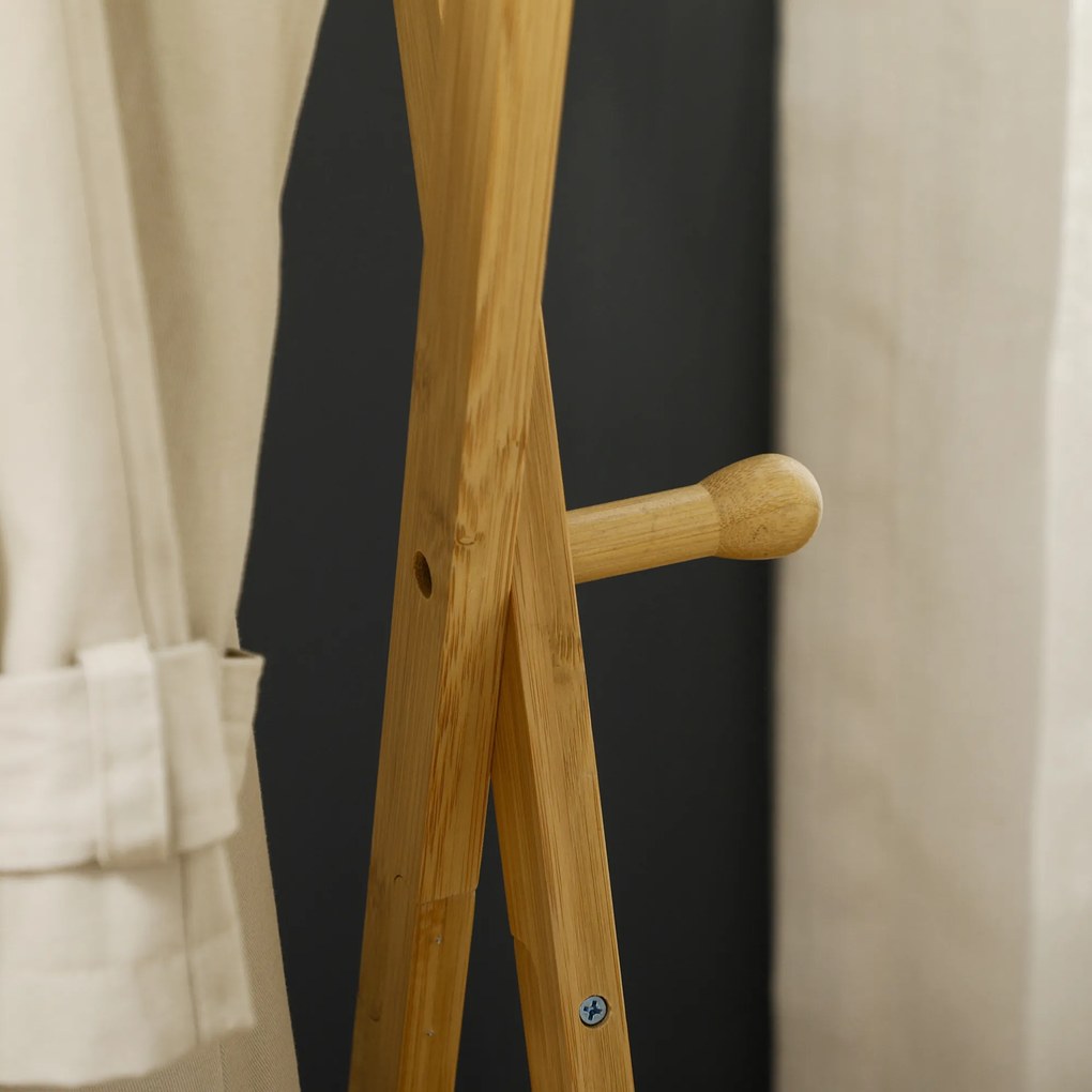 HOMCOM Suporte para Cabides de Bambu Porta Cabides com Prateleira para Sapatos 2 Barras e 2 Ganchos para Corredor Entrada Dormitório 74x42x150 cm Madeira