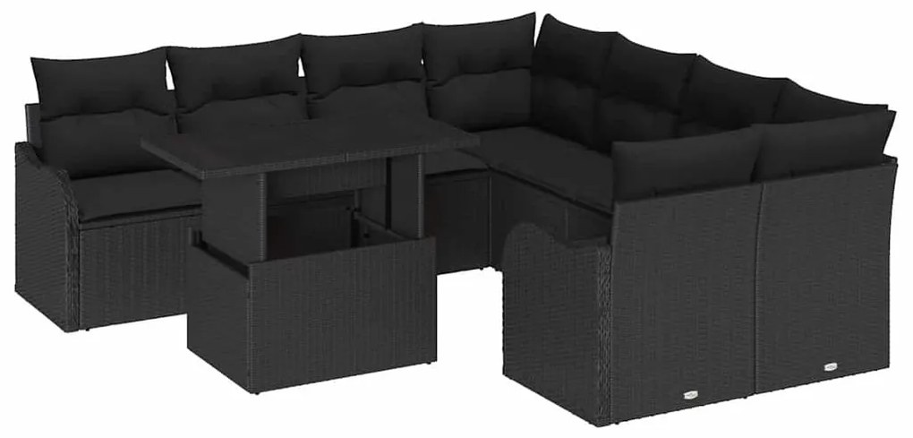 Conjunto de Sofá de Jardim vidaXL com Almofadas Polirattan Preto de 9