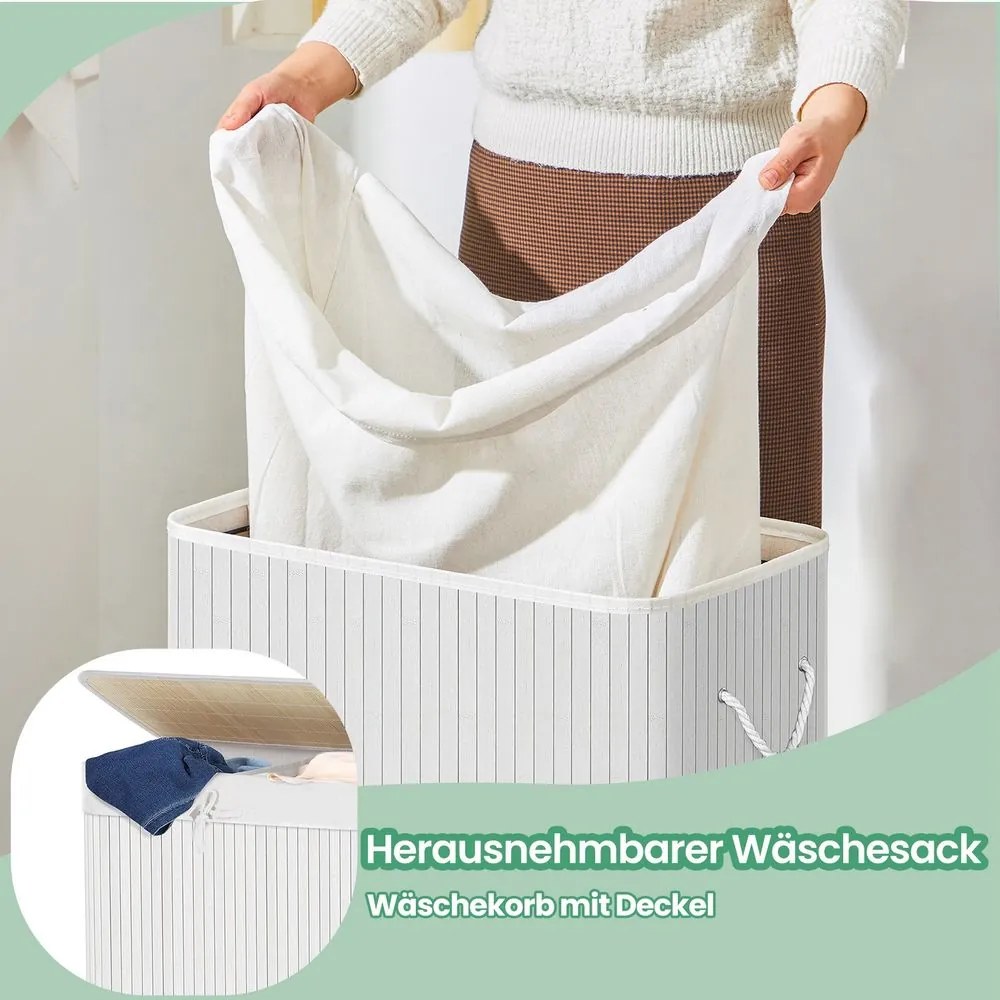Cesto para roupa suja em bambu com 2 compartimentos de 52 x 63 x 32 cm branco