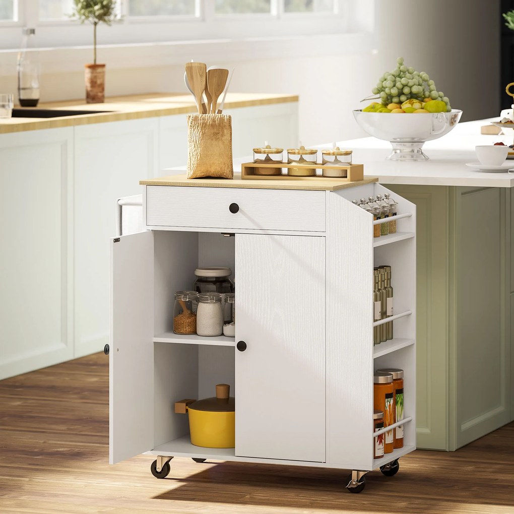 Carrinho Ilha de Cozinha com Rodas com Gaveta Suporte para Temperos de 3 Níveis e Prateleira Ajustável 82x38x86,5 cm  Branco
