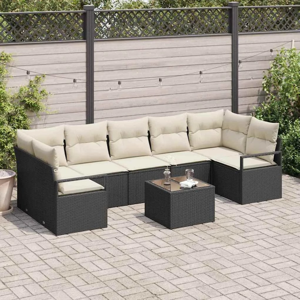 Sofá de Jardim de 8 Peças com Almofadas Pretas em Rattan