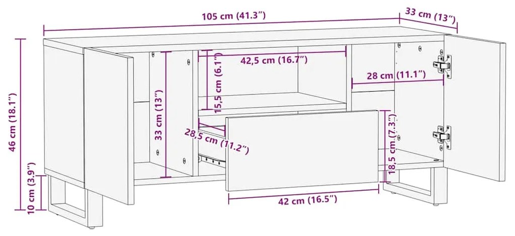 Armário de TV - 105 x 33,5 x 46 cm, Feito de Madeira Maciça de Manga.