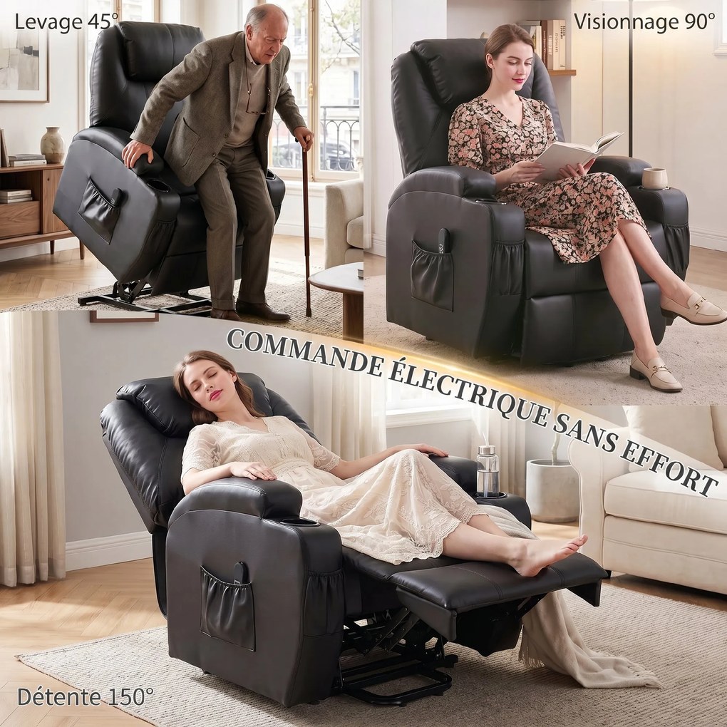Poltrona elevatória elétrica 83 x 95 x 107 cm, poltrona relax elétrica, apoio para os pés, encosto reclinável, porta USB, preta