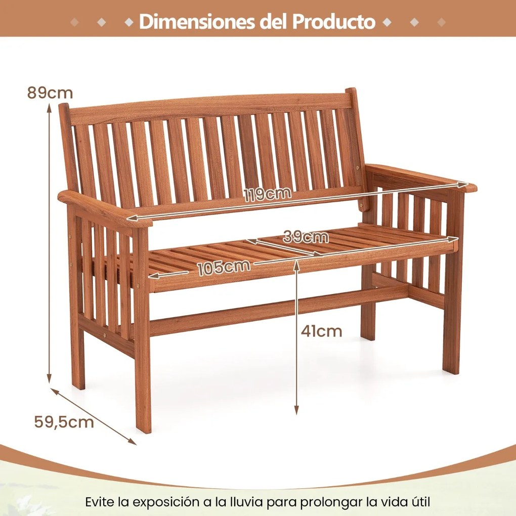 Banco de jardim em madeira para exterior para 2 pessoas, encosto inclinado, braços, assento com ripas, para terraço, pátio ou alpendre, 59,5 x 119 x 8