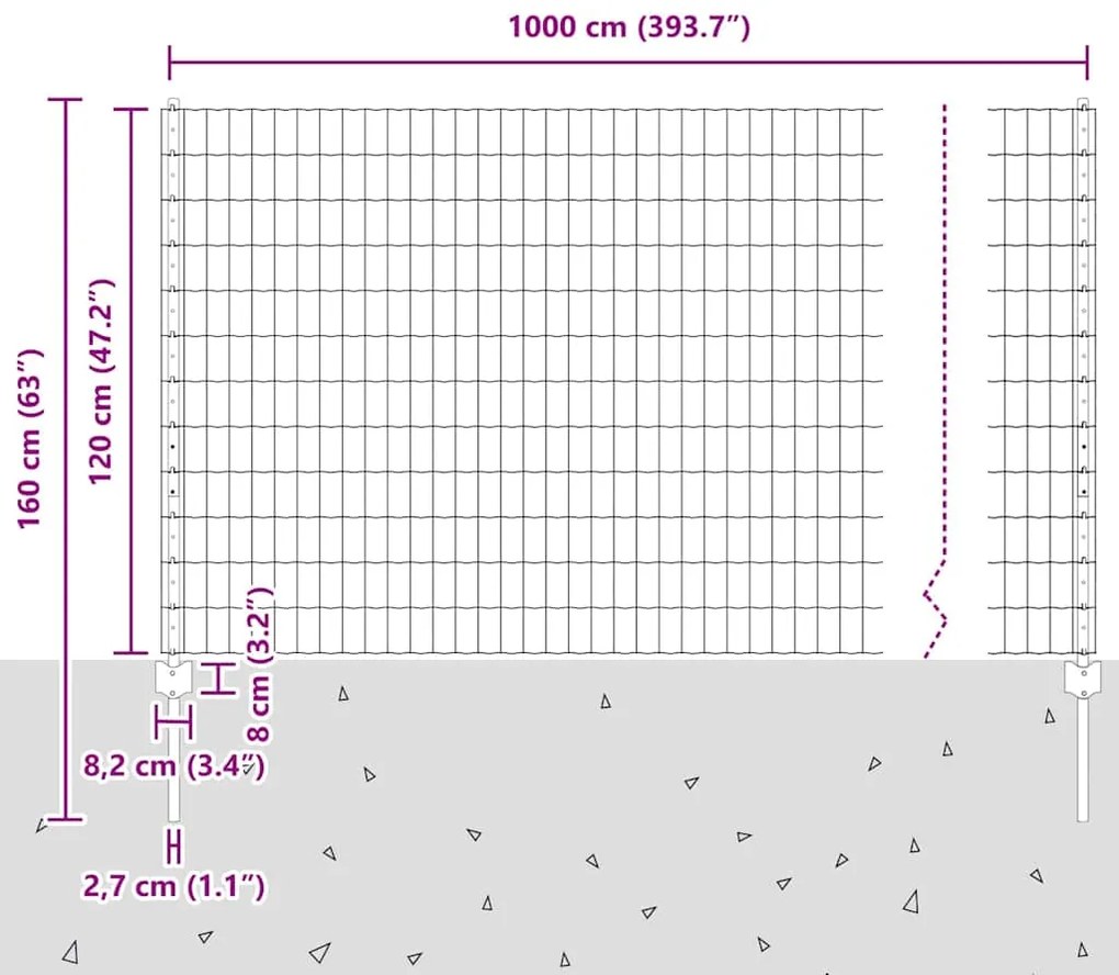 Cerca Euro com 10 Postes Cinza 1.2x10 m de Aço