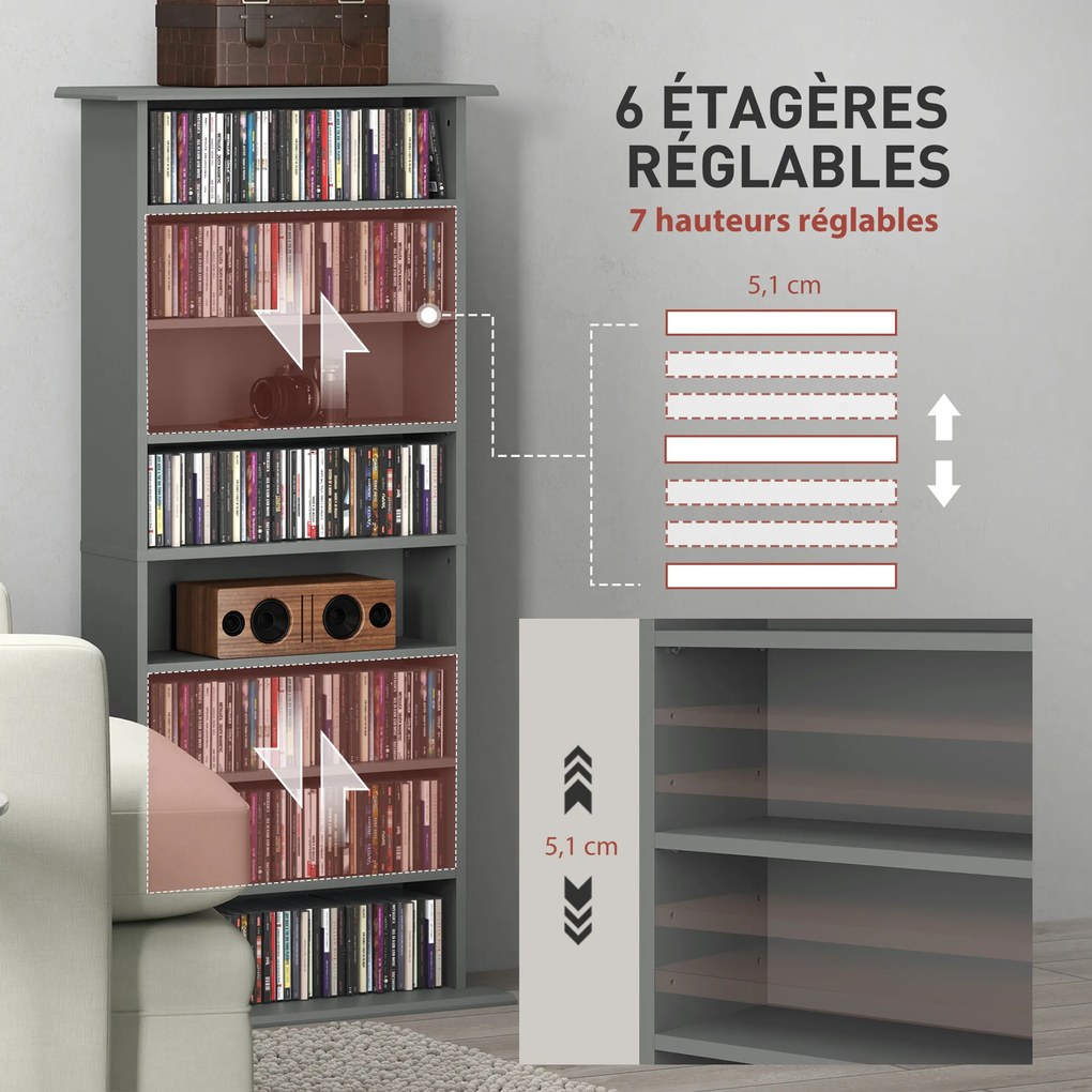 Organizador para CD e DVD com 8 compartimentos e 6 prateleiras ajustáveis, capacidade máxima de 360 CD/185 DVD e Blu-ray, cinzento
