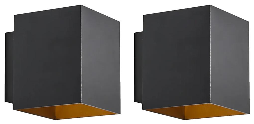 Conjunto de 2 candeeiros de parede design quadrado preto e dourado - Sola Moderno,Design