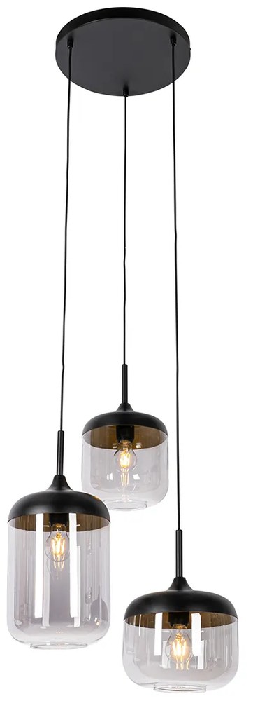 Candeeiro de suspensão preto com dourado e vidro fumê 3-luzes redondo - Kyan Design