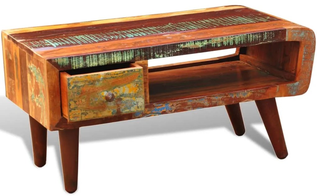 Mesa de centro com borda curva e 1 gaveta, madeira reciclada