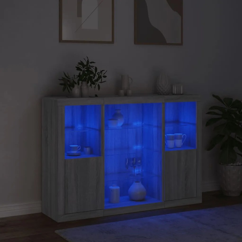 Aparadores c/ LEDs 3 pcs derivados de madeira cinzento sonoma