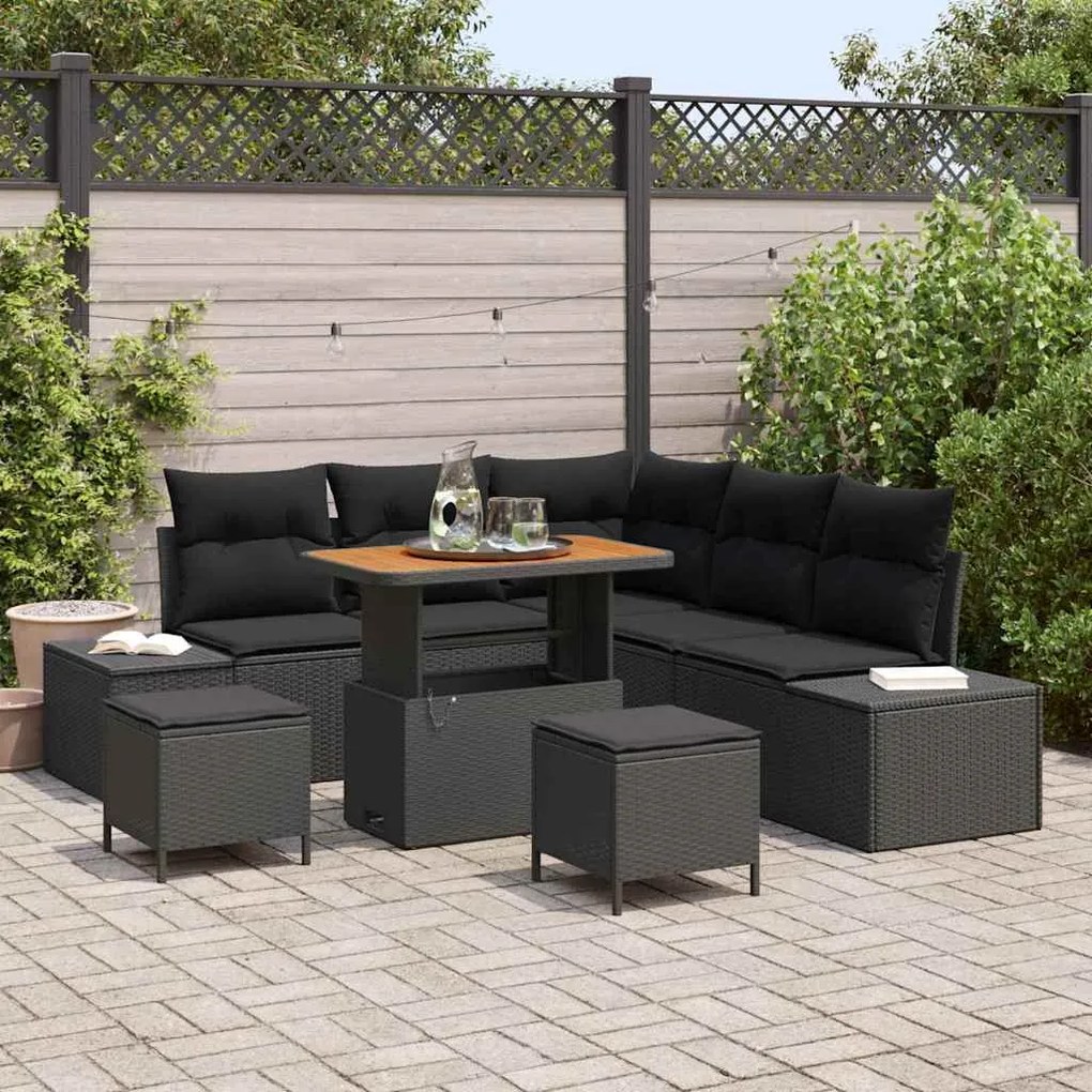 vidaXL Conjunto de Sofás de Jardim com 8 Peças e Almofadas Pretas em Rattan de Poliéster