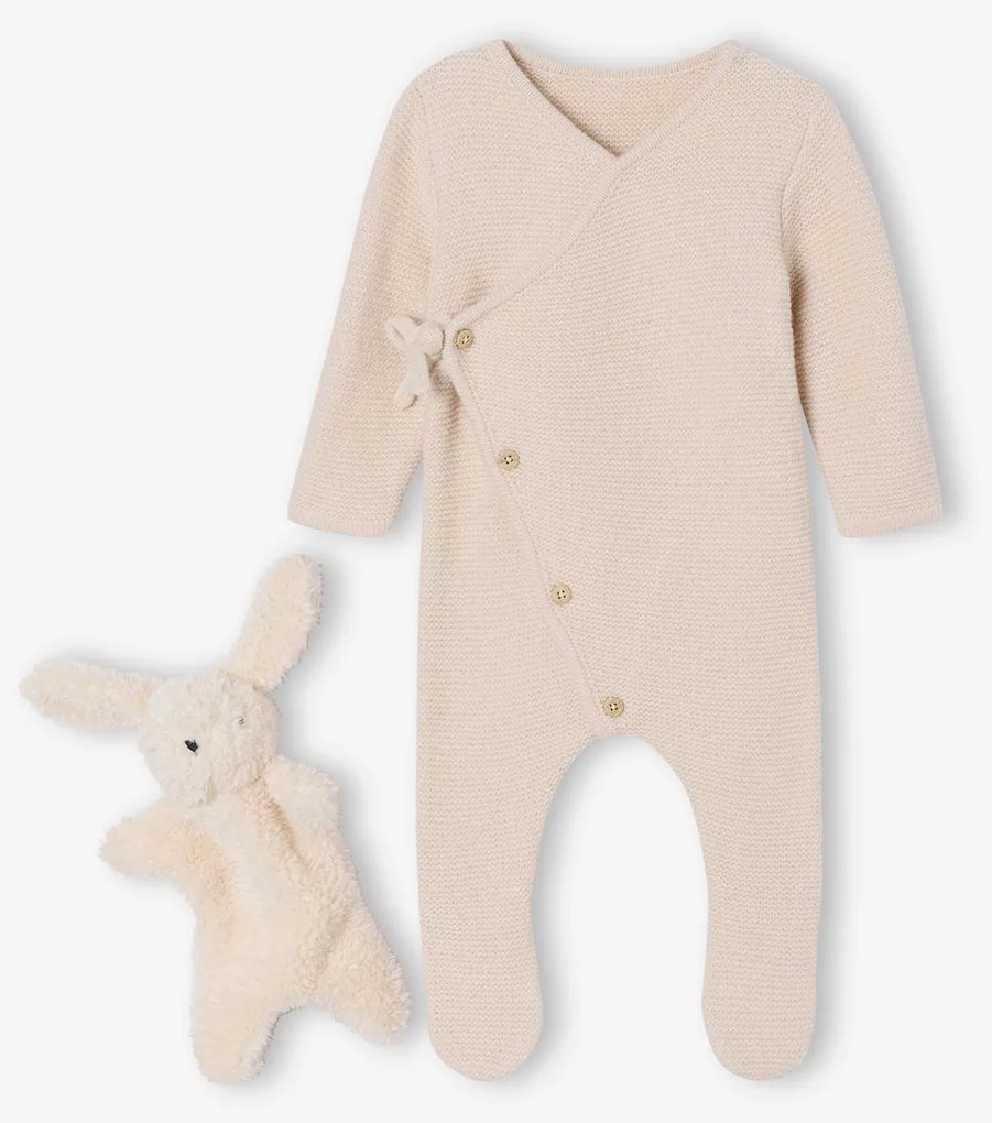 Conjunto de 3 peças para recém-nascido: macacão + doudou bege mesclado