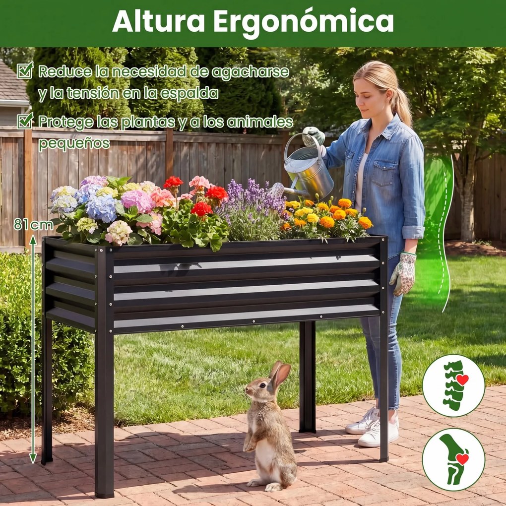 Floreira Elevada de Metal 112 x 55 x 81 cm com Revestimento Eletroforético e Drenagem para Legumes, Flores e Frutas - Preta