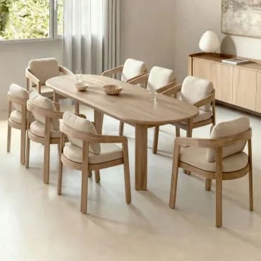 Conjunto De Mesa Oval De 240x100 Cm Em Madeira De Acácia E 8 Cadeiras De Jantar Em Madeira De Acácia Uleno Marrom Acácia Claro - Sklum