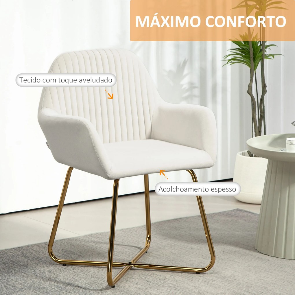 Cadeira de Sala de Jantar Estofada em Veludo com Base Metálica Cruzada Cadeira de Leitura 60x56,5x85 cm Creme
