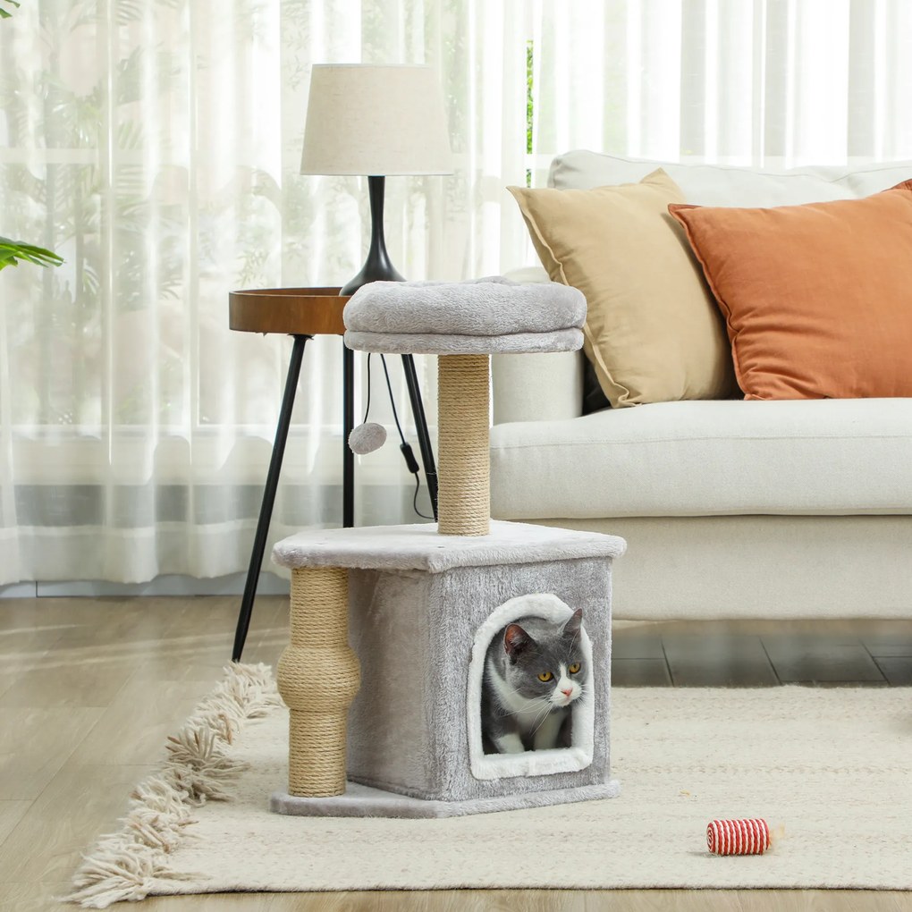 Arranhador para gatos com torre de brinquedos 42 x 30 x 66 cm, com postes para arranhar, cama e casinha para gatos, cinzento claro