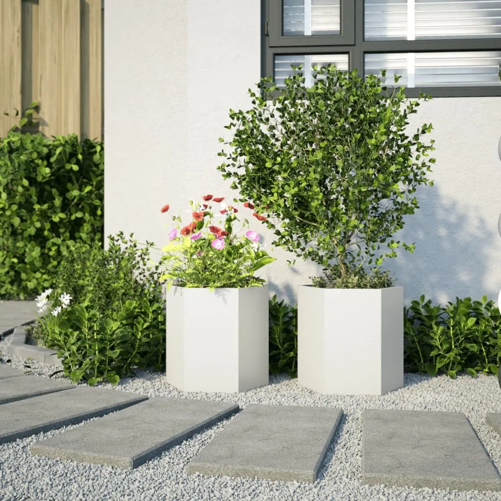 Vasos floreiras de jardim 2 pcs hexagonal 46x40x45cm aço branco