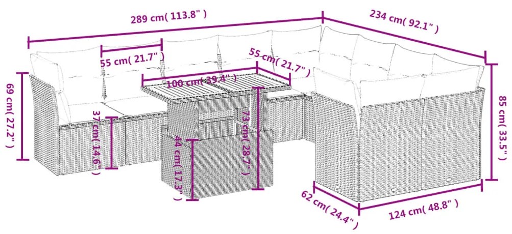 10 pcs conjunto sofás de jardim c/ almofadões vime PE cinzento