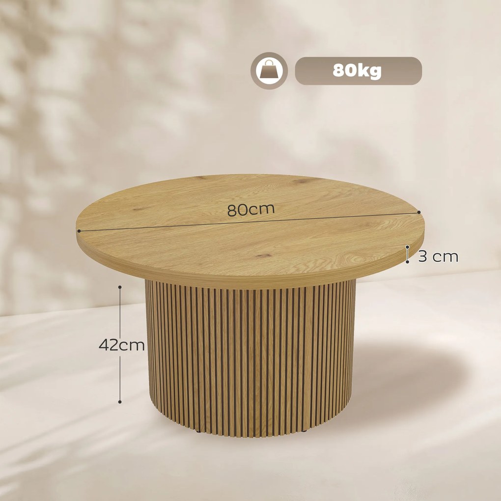 Mesa de centro redonda em madeira Ø 80 x 45 cm, mesa de sala com base canelada, estilo moderno, efeito de madeira natural