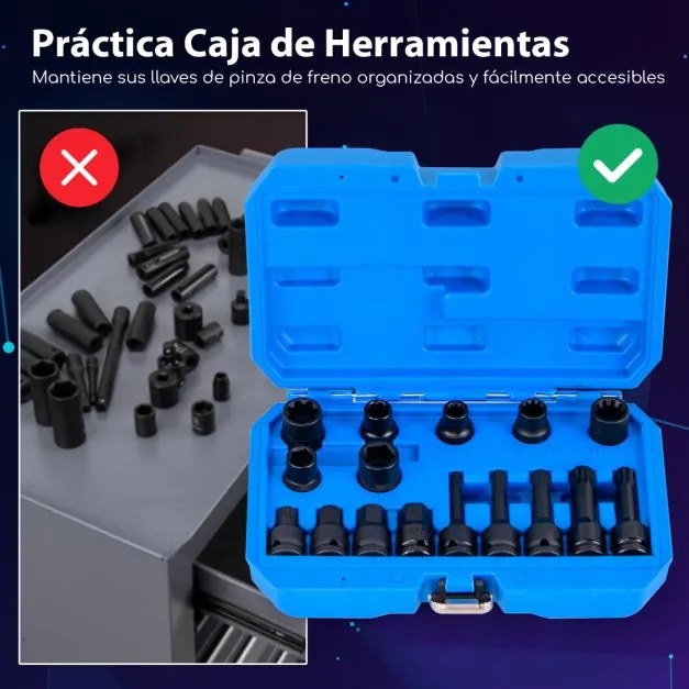 Conjunto de 16 peças de chaves de impacto para travões Kit de ferramentas de ajuste de travões com chave de 1/2”. Azul