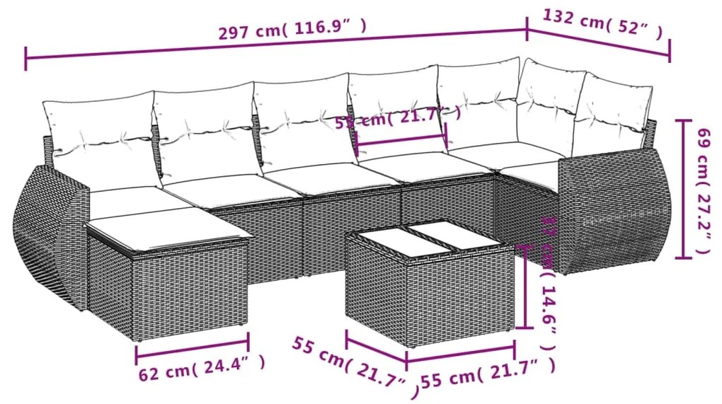 8 pcs conjunto de sofás p/ jardim com almofadões vime PE bege