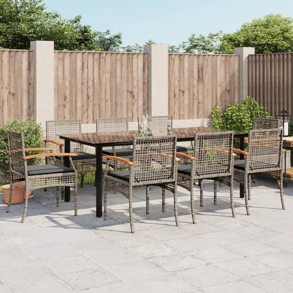 9 pcs conjunto de jantar p/ jardim c/ almofadões vime PE cinza