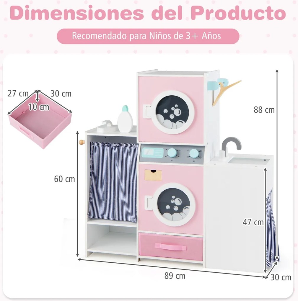 Conjunto de lavandaria em madeira para crianças Máquina de lavar roupa realista com acessórios Ferro de engomar e cabides Brinquedo educativo Rosa