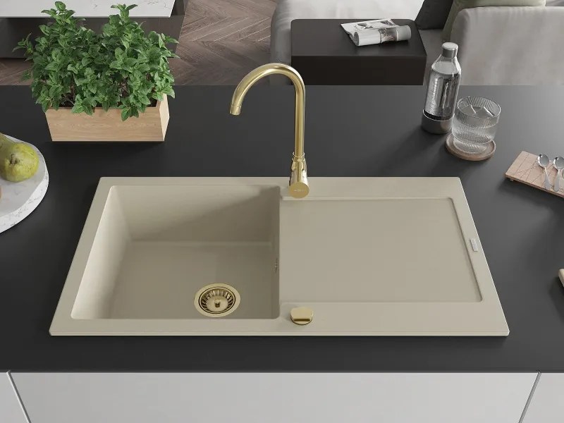 Mexen Leo lava-loiça de granito 1-bacia com escorredor 900 x 500 mm, bege, sifão dourado - 6501901010-69-G