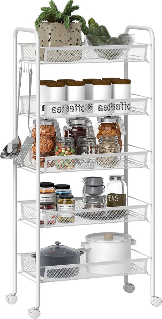 Carrinho cozinha Auxiliar com Rodas de 5 Níveis com Cestos de Malha Removíveis e Estrutura de Aço 45x26,5x106 cm Branco