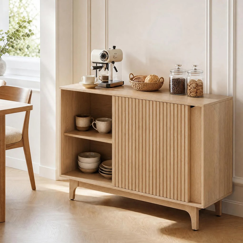 Aparador de Sala de Jantar, 119 x 40 x 80 cm, Portas de Correr Caneladas, Cor Natural