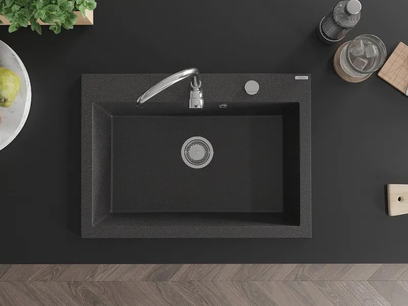 Mexen Elix lava-louça em granito de 1 cuba 700 x 500 mm, preto salpicado, sifão cromado - 6526701005-76