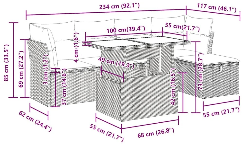 6 pcs conjunto sofás de jardim com almofadões vime cinzento