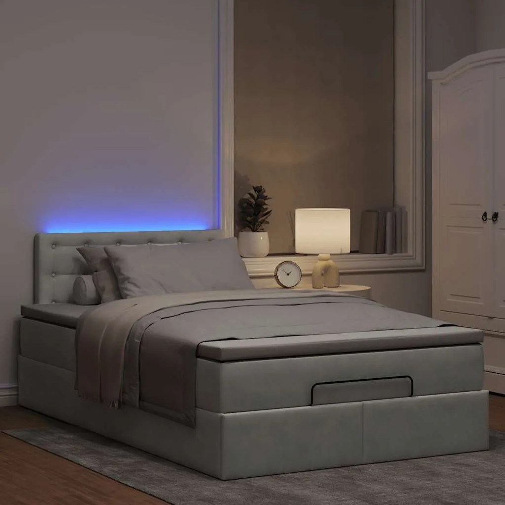 Cama otomana com colchão &amp; LEDs 120x190cm veludo cinza-claro