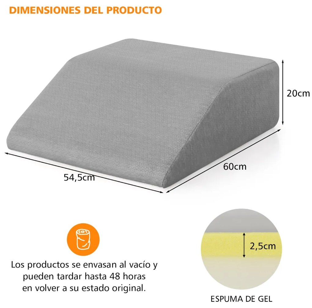 Almofada de elevação das pernas em cunha de espuma viscoelástica amovível com capa amovível respirável para dormir Ler Gravidez 60 x 54,5 x 20 cm Cinz