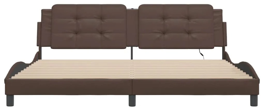 Estrutura cama c/ luz LED 200x200 cm couro artificial castanho