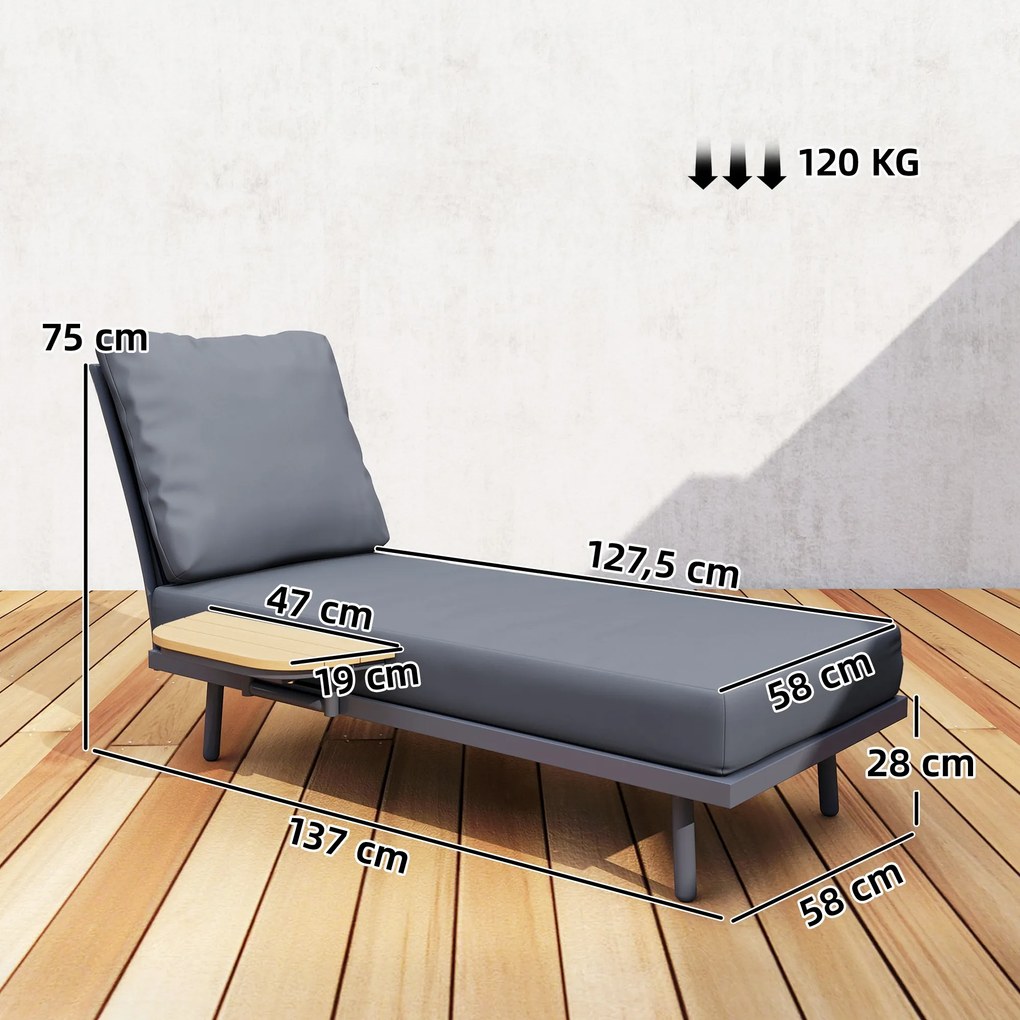 Espreguiçadeira de jardim com almofadas laváveis em olefina e prateleira lateral, estrutura em metal, 58 x 137 x 75 cm, cinzento