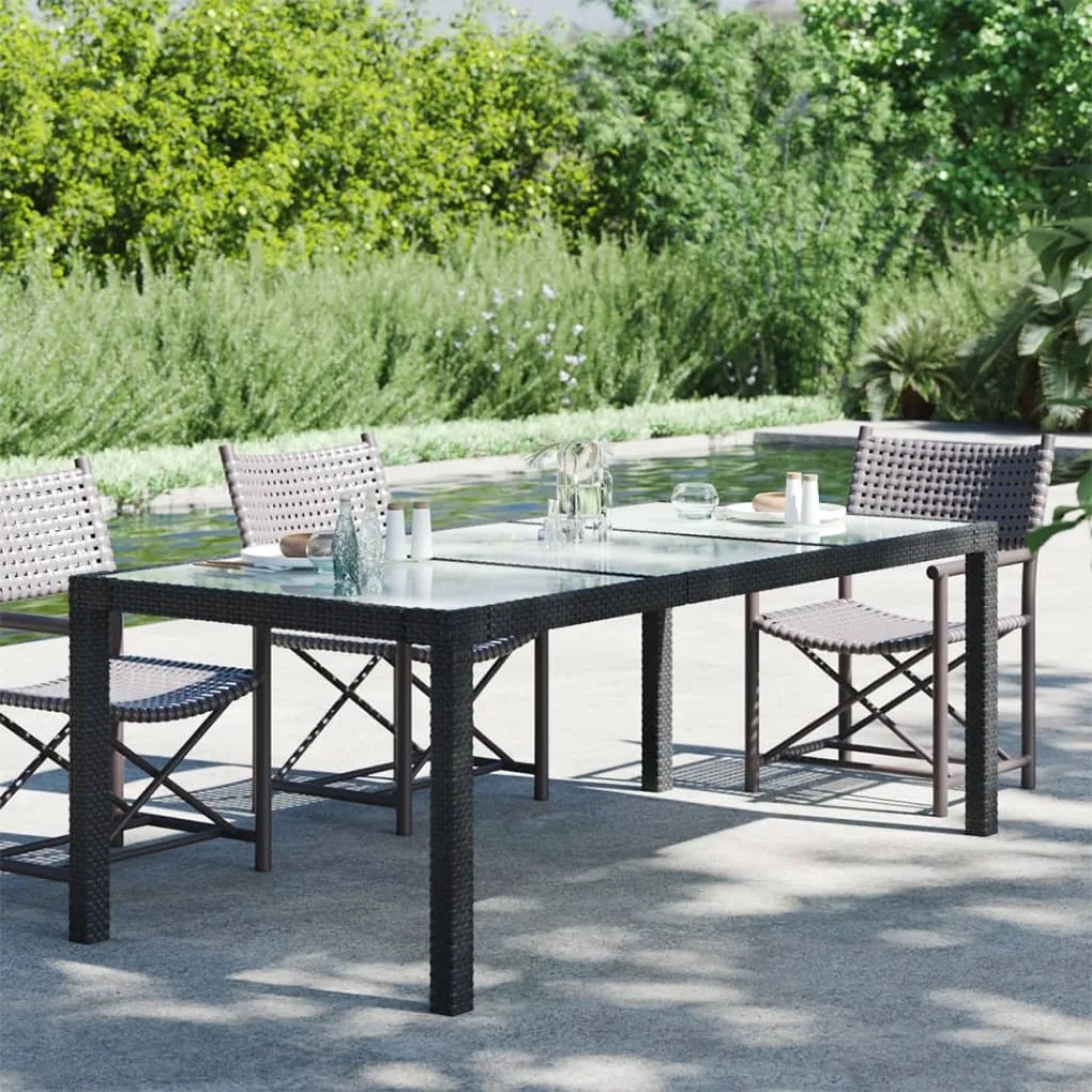316712 vidaXL Mesa de jardim 190x90x75 cm vidro temperado e vime PE preto