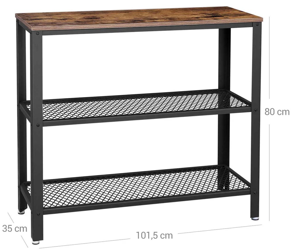 Mesa consola de estilo industrial com 3 níveis 101,5 x 35 x 80 cm Castanho Vintage-preto