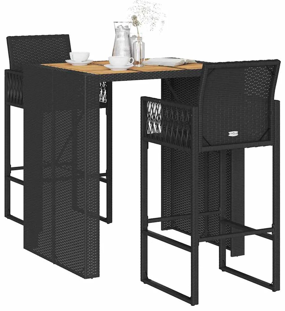 vidaXL 3 pcs conj. de bar jardim sem almofadões vime PE/acácia preto