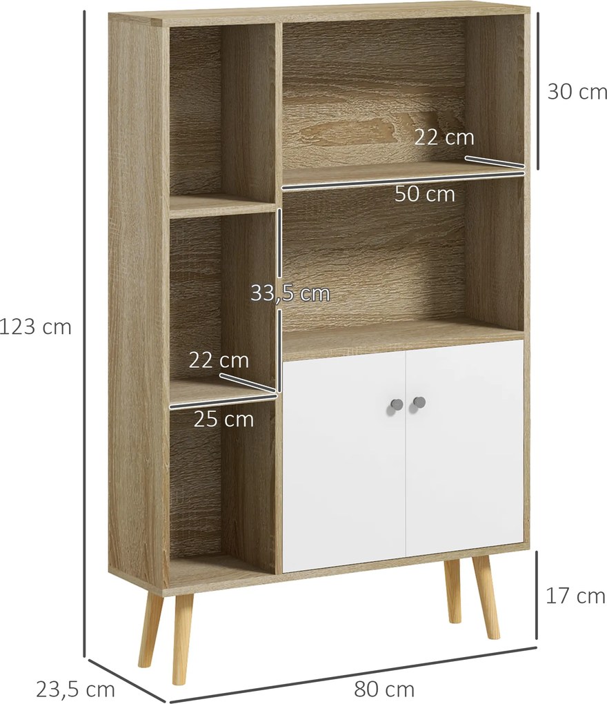 Estante escandinava, 80 x 23,5 x 123 cm, 5 compartimentos abertos, armário com 2 portas, pés afilados e inclinados cor de carvalho