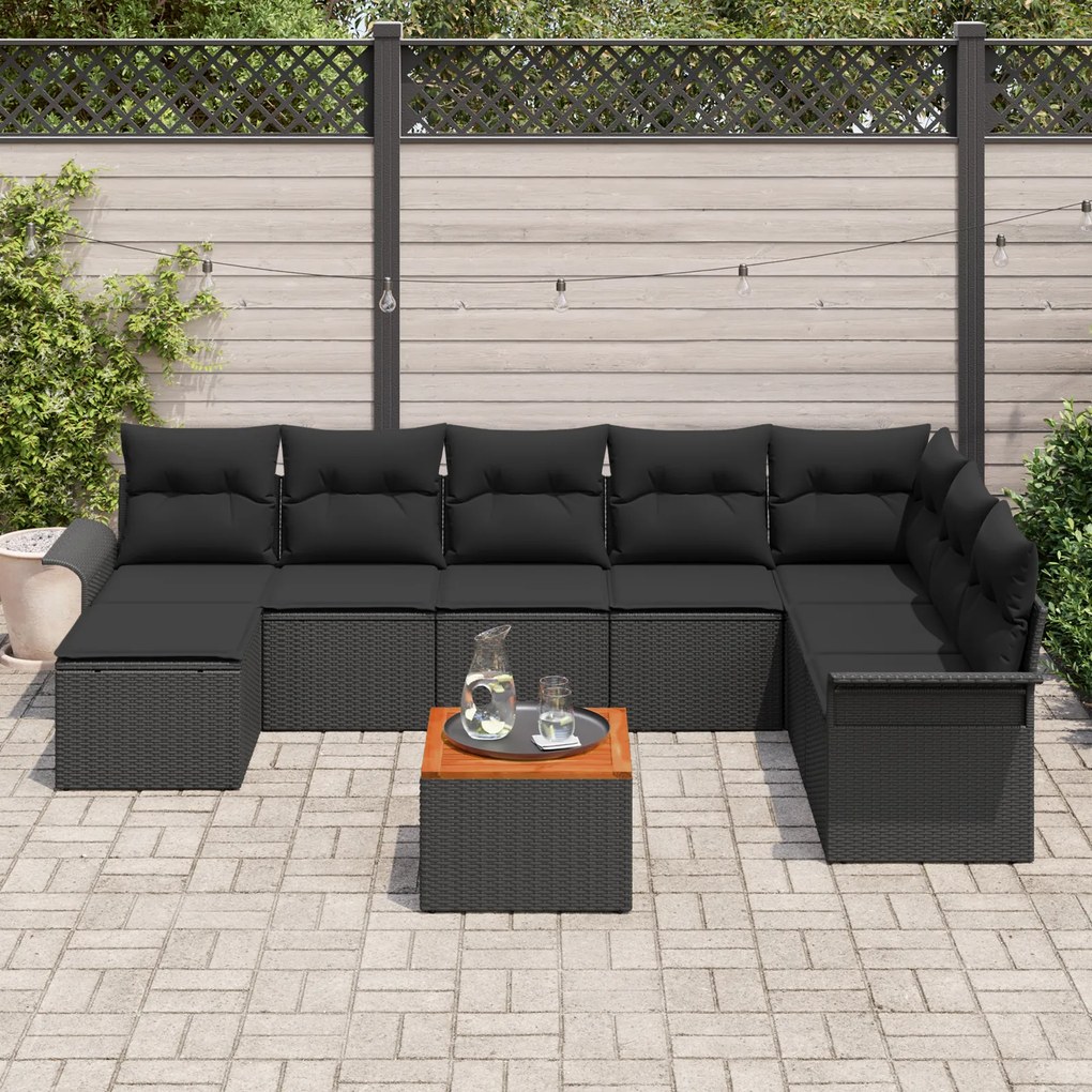 Conjunto de Sofás de Jardim de 9 Peças com Almofadas Preto Polivime Ac