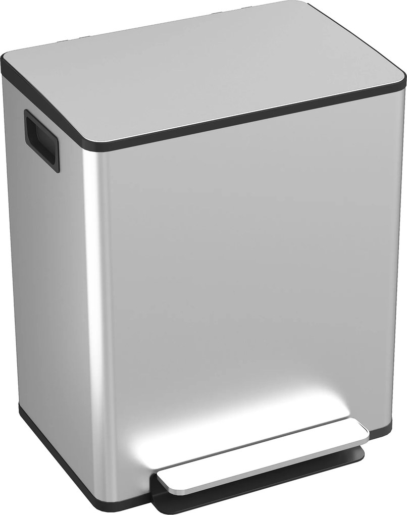 Caixote do lixo de cozinha com 2 compartimentos de 2 x 25 L, aço inoxidável, tampa com fecho suave, 47,7 x 37,5 x 56 cm, prateado