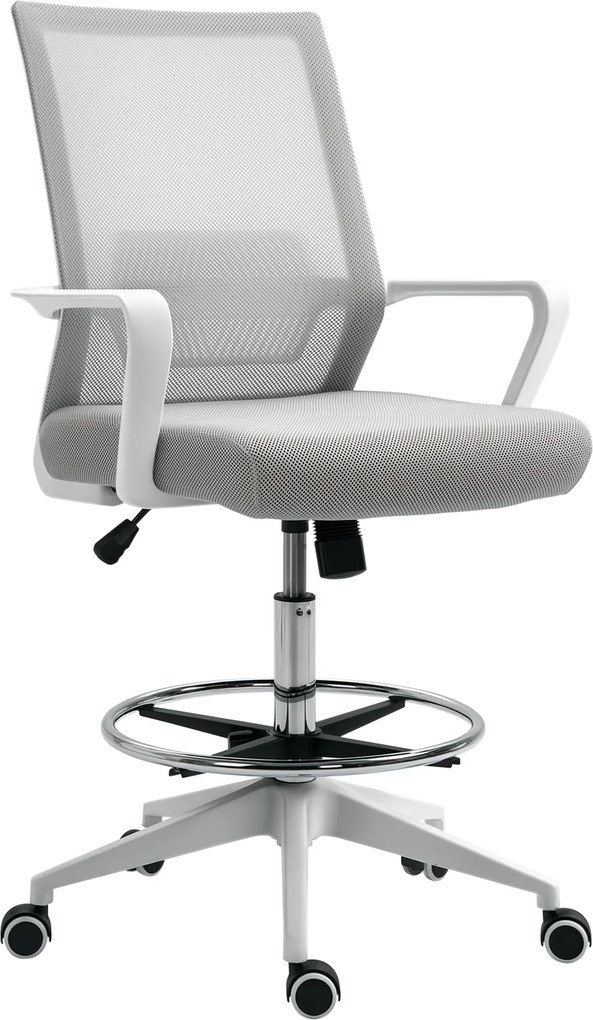 Cadeira de escritório com assento alto ajustável, 64 x 59 x 104-124 cm, cadeira giratória com rotação de 360°, tecido respirável cinzento e branco