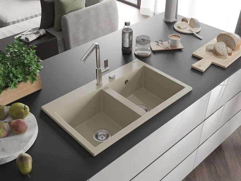 Mexen Hektor lava-loiça de granito de 2 cubas 800 x 480 mm, bege, sifão cromado - 6521802000-69
