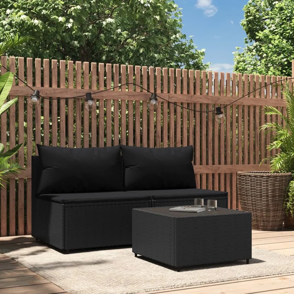 319787 vidaXL 3 pcs conjunto lounge de jardim c/ almofadões vime PE preto