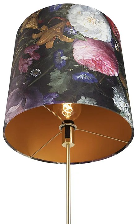 Candeeiro de pé dourado/latão com abat-jour em veludo com flores 40/40 cm - Parte Clássico / Antigo